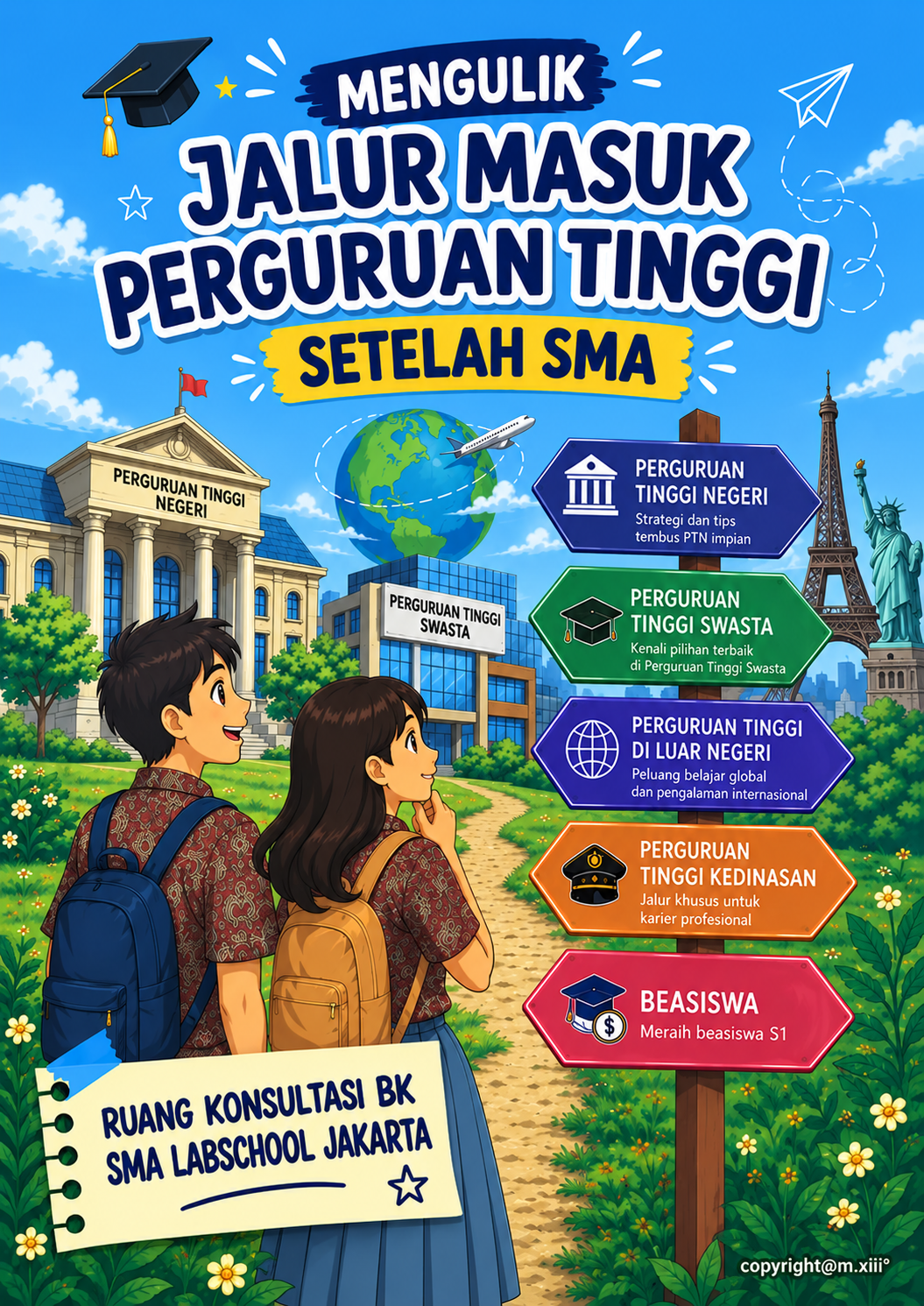 Mengulik jalur masuk perguruan tinggi setelah SMA: perguruan tinggi negeri, swasta, luar negeri, kedinasan, dan beasiswa. Ruang Konsultasi BK SMA Labschool Jakarta.